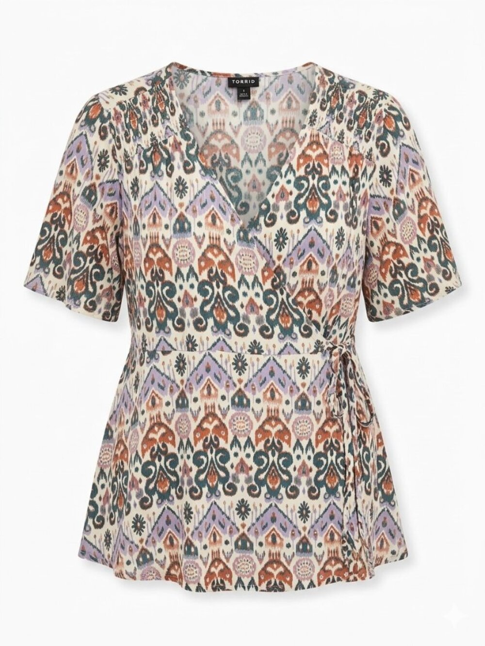 TORRID Ikat Print Smocked Surplice Wrap Blouse, Size 10